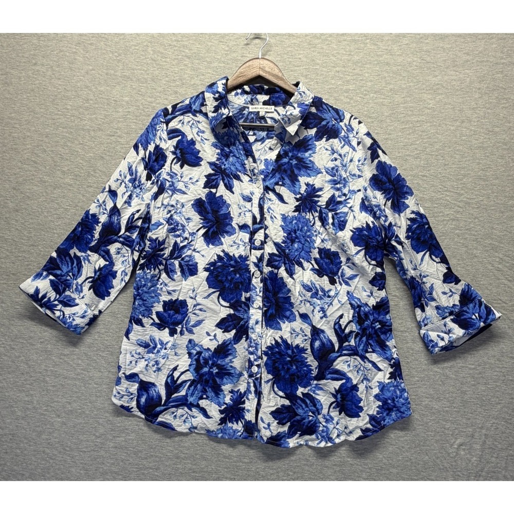 Sara Michelle Blouse‎ Top Womens 1X White Blue Floral Print 3/4 Sleeve Button Up
